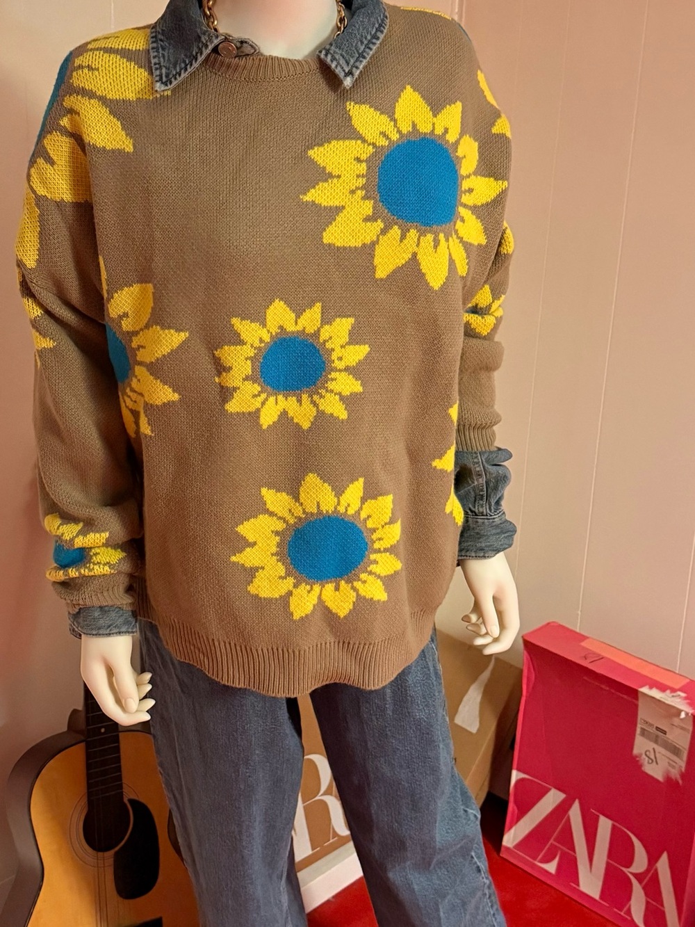 ASOS DESIGN Oversized Sunflower Knit Pullover Crewneck Sweater Large L
